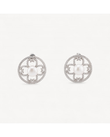 Orecchini Di Argento 925 A Perno Con Zirconi E Perle Di Fiume Tondo 23mm 1 Paio-ARGENT 925 FANTAISIE | Worldofjewel.com