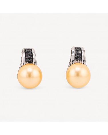 Orecchini Di Argento 925 A Perno Con Zirconi Neri E Perle Di Maiorca Tondo Oro 10x16mm-ARGENT 925 DESIGN ITALIE | Worldofjewel.com