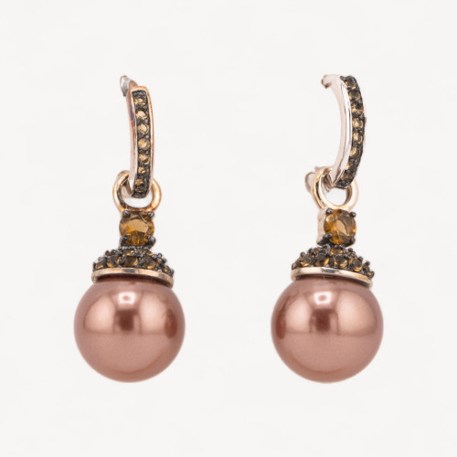 925 Silver Hoop Stud Earrings with Zirconia, Amber, and Majorca Pearls, Bronze