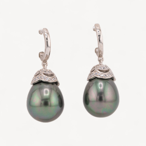 Boucles d'oreilles puces fermées en argent 925 avec perles de Majorque et zirconiums 14 x 37 mm