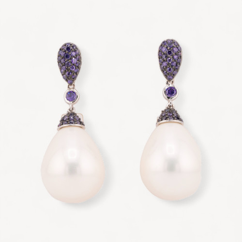Boucles d'oreilles puces fermées en argent 925 avec perles de Majorque et zirconiums 17 x 43 mm