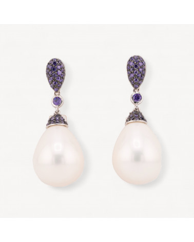 Orecchini Perno Chiuso Di Argento 925 Con Perle Di Maiorca e Zirconi 17x43mm-ARGENT 925 DESIGN ITALIE | Worldofjewel.com