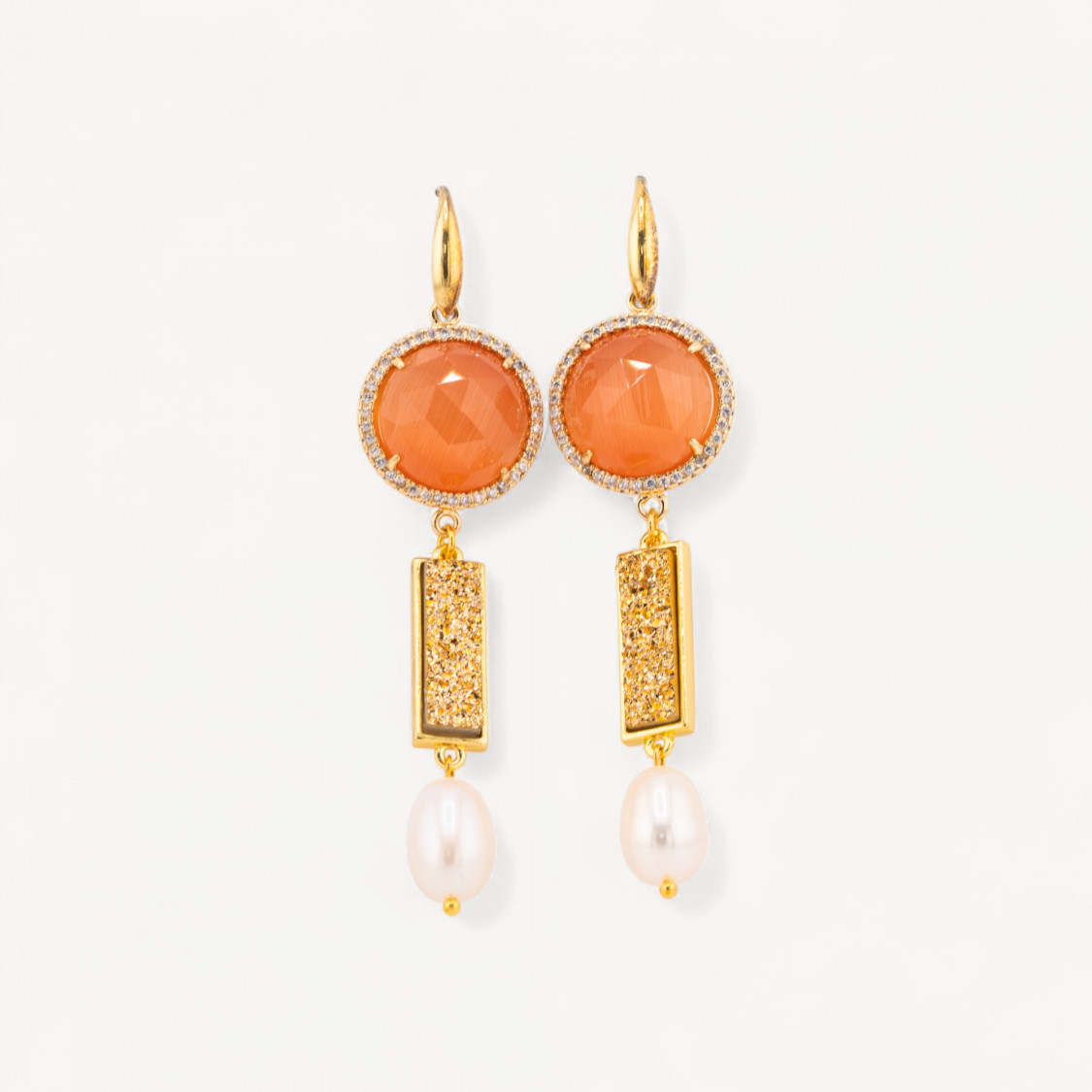 Orecchini Perno Di Argento 925 Con Occhio Di Gatto E Druzi Con Perle Di Fiume 20x80mm Arancione-ORECCHINI 925 SILVER HANDMADE | Worldofjewel.com