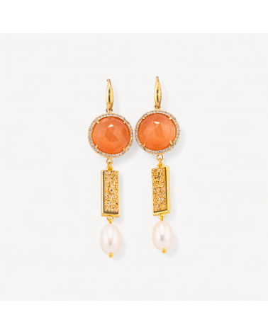 Orecchini Perno Di Argento 925 Con Occhio Di Gatto E Druzi Con Perle Di Fiume 20x80mm Arancione-ORECCHINI 925 SILVER HANDMADE | Worldofjewel.com