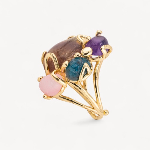 Bronze Ring AURORA Collection With 4 Natural Stones 26x31mm Adjustable Size Gold Plated with Amethyst, Apatite, Rose Quartz and