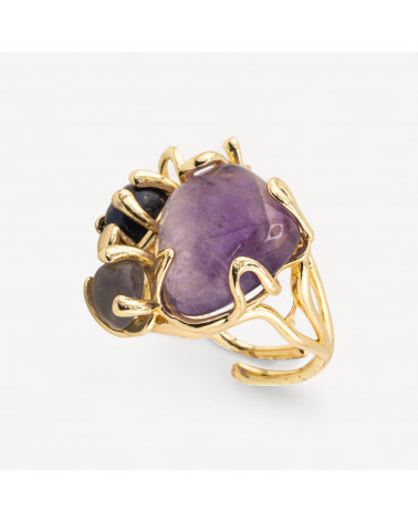 Anello Di Bronzo Collezione AURORA Con 4 Pietre Naturali 26x31mm Misura Regolabile Dorato con Ametista, Onice e Labradorite-ANELLI BIJOUX DONNA AURORA BEST SELLER | Worldofjewel.com