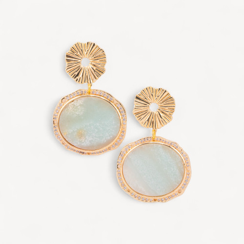 Bronze Stud Earrings with Hard Stones, Plate Set with Amazonite, Gold Plated