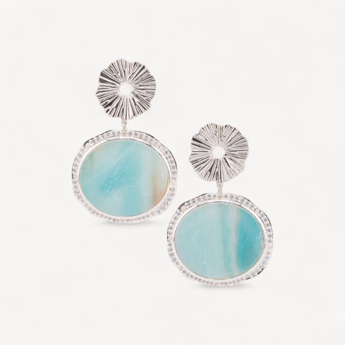 Bronze Stud Earrings with Hard Stones, Plate Set with Amazonite, Rhodium Plated