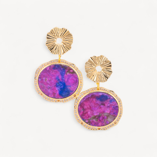 Pendientes de bronce con piedras duras, engastados en placa con jaspe imperial, fucsia, bañados en oro