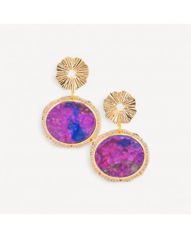 Orecchini A Perno in Bronzo Con Pietre Dure Piastra Incastonata Diaspro Imperiale Fucsia Dorato-ORECCHINI HOT PICKS | Worldofjewel.com
