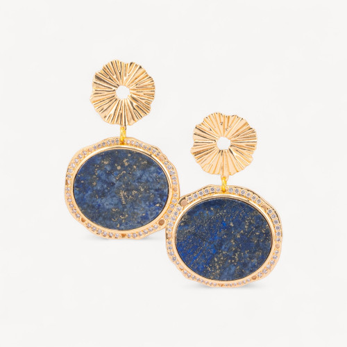 Boucles d'oreilles puces en bronze avec pierres dures, plaque sertie de lapis-lazuli doré