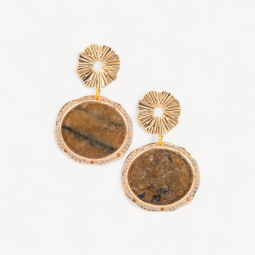 Bronze Stud Earrings with Hard Stones, Plate Set with Golden Tiger's Eye