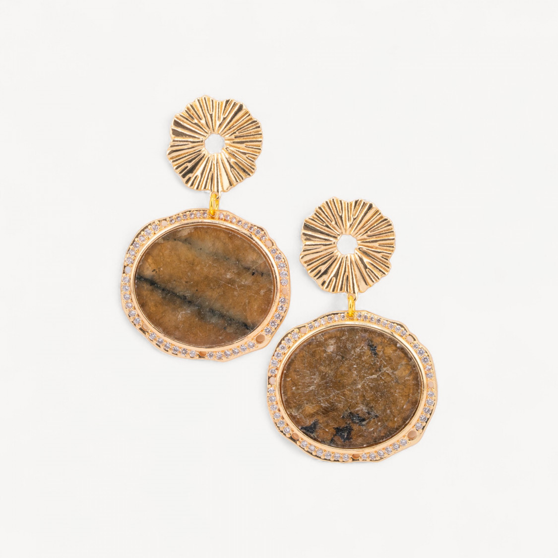 Orecchini A Perno in Bronzo Con Pietre Dure Piastra Incastonata Occhio di Tigre Dorato-ORECCHINI HOT PICKS | Worldofjewel.com