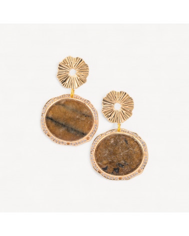 Orecchini A Perno in Bronzo Con Pietre Dure Piastra Incastonata Occhio di Tigre Dorato-ORECCHINI HOT PICKS | Worldofjewel.com