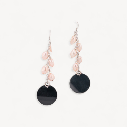 925 Silver Earring with Pink Mallorca Pearl Pendants and Flat Round Onyx 30x105mm