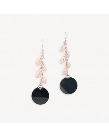 Orecchini Di Argento 925 Monachella Con Pendenti Di Perle Di Maiorca Rosa E Onice Tondo Piatto 30x105mm-ARGENT 925 DESIGN ITALIE | Worldofjewel.com