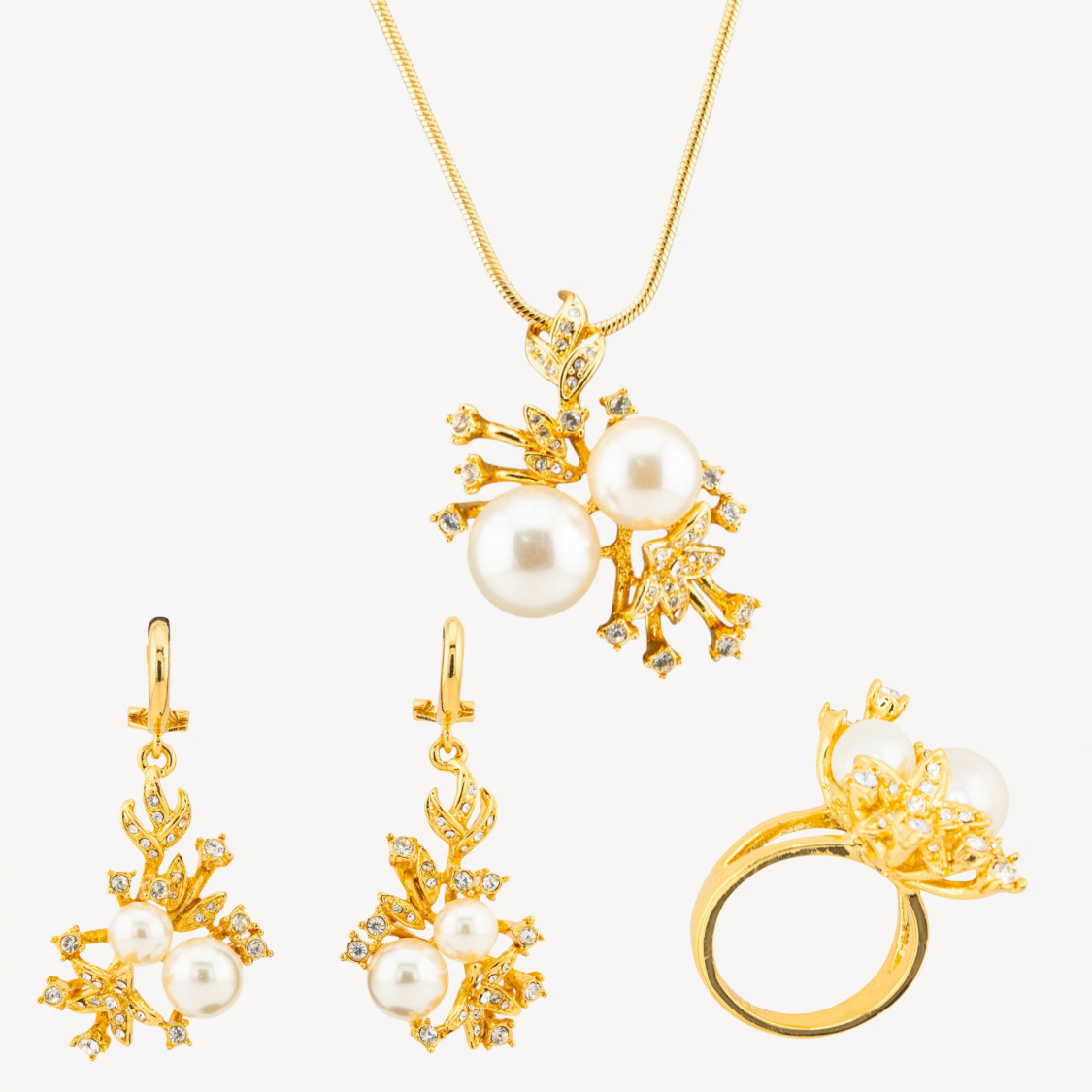 Gold-Plated Brass Set with Zircons and Majorcan Pearls-JEWELS AND BIJOUX | Worldofjewel.com