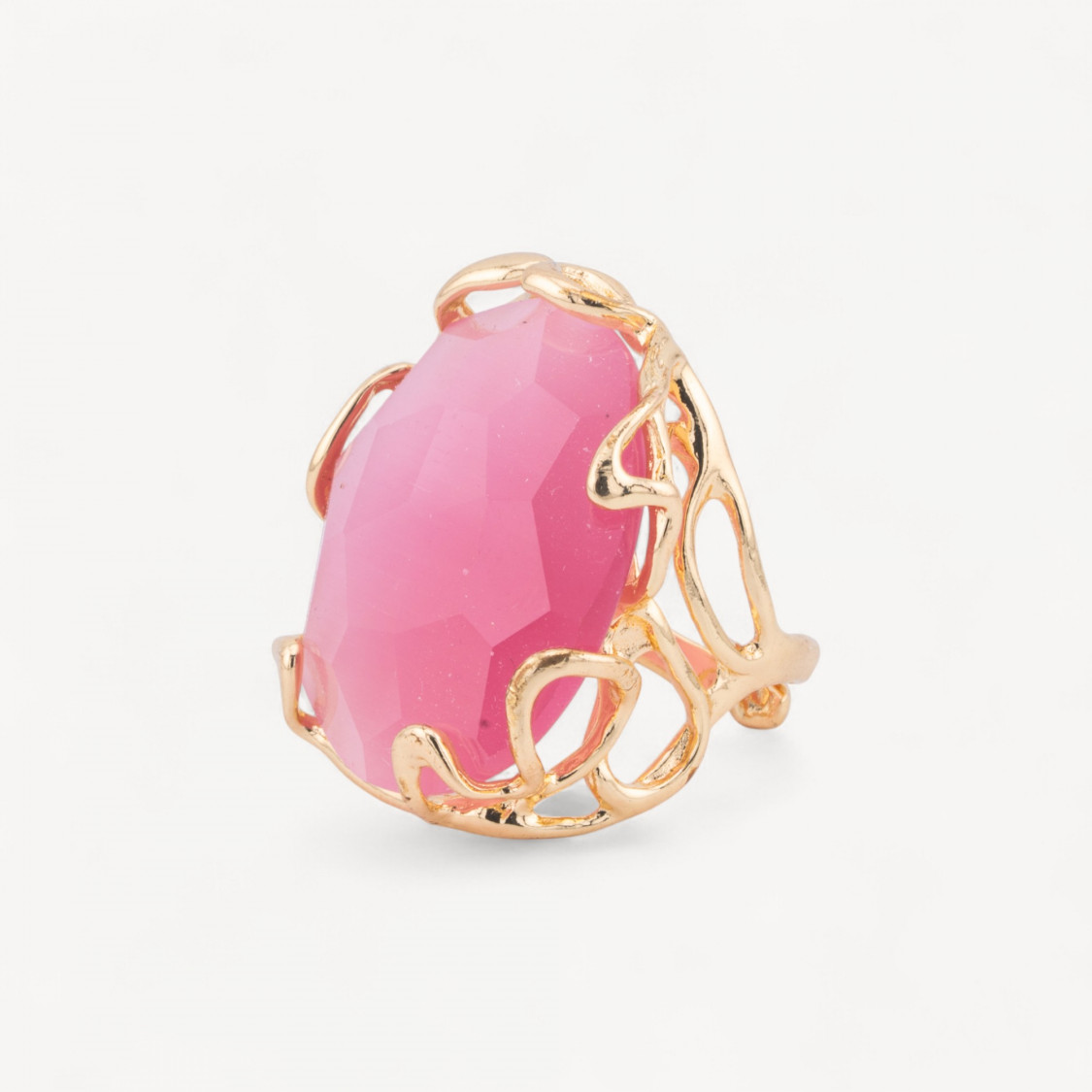 Anello Regolabile in Bronzo Dorato Collezione AURORA-1 con Occhio Di Gatto Rosa | Gioiello Artigianale Donna 28x32mm-ANELLI BIJOUX DONNA AURORA BEST SELLER | Worldofjewel.com
