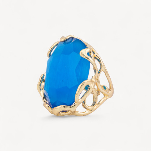 Anello Regolabile in Bronzo Dorato Collezione AURORA-1 con Occhio Di Gatto Celeste | Gioiello Artigianale Donna 28x32mm-ANELLI BIJOUX DONNA AURORA BEST SELLER | Worldofjewel.com