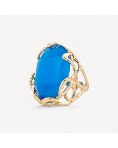 Anello Regolabile in Bronzo Dorato Collezione AURORA-1 con Occhio Di Gatto Celeste | Gioiello Artigianale Donna 28x32mm-ANELLI BIJOUX DONNA AURORA BEST SELLER | Worldofjewel.com