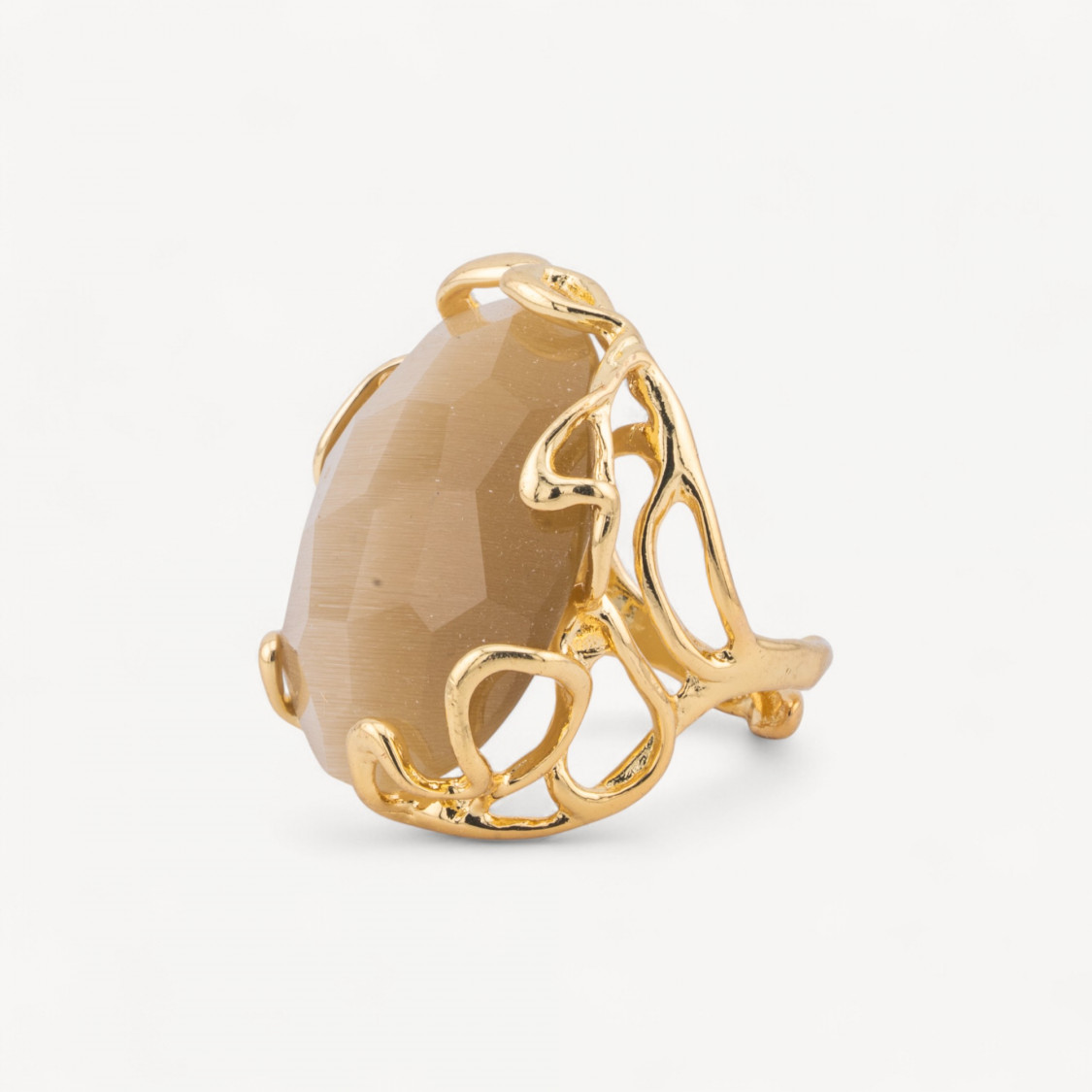 Anello Regolabile in Bronzo Dorato Collezione AURORA-1 con Occhio Di Gatto Ocra | Gioiello Artigianale Donna 28x32mm-ANELLI BIJOUX DONNA AURORA BEST SELLER | Worldofjewel.com