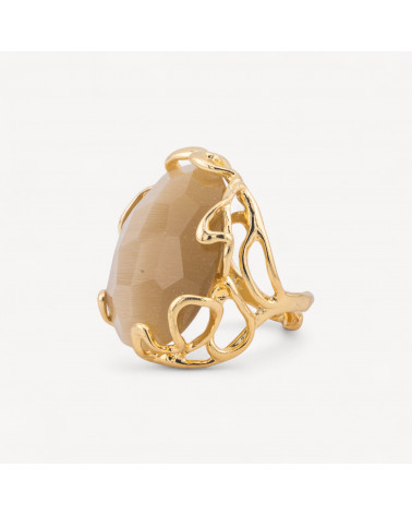 Anello Regolabile in Bronzo Dorato Collezione AURORA-1 con Occhio Di Gatto Ocra | Gioiello Artigianale Donna 28x32mm-ANELLI BIJOUX DONNA AURORA BEST SELLER | Worldofjewel.com