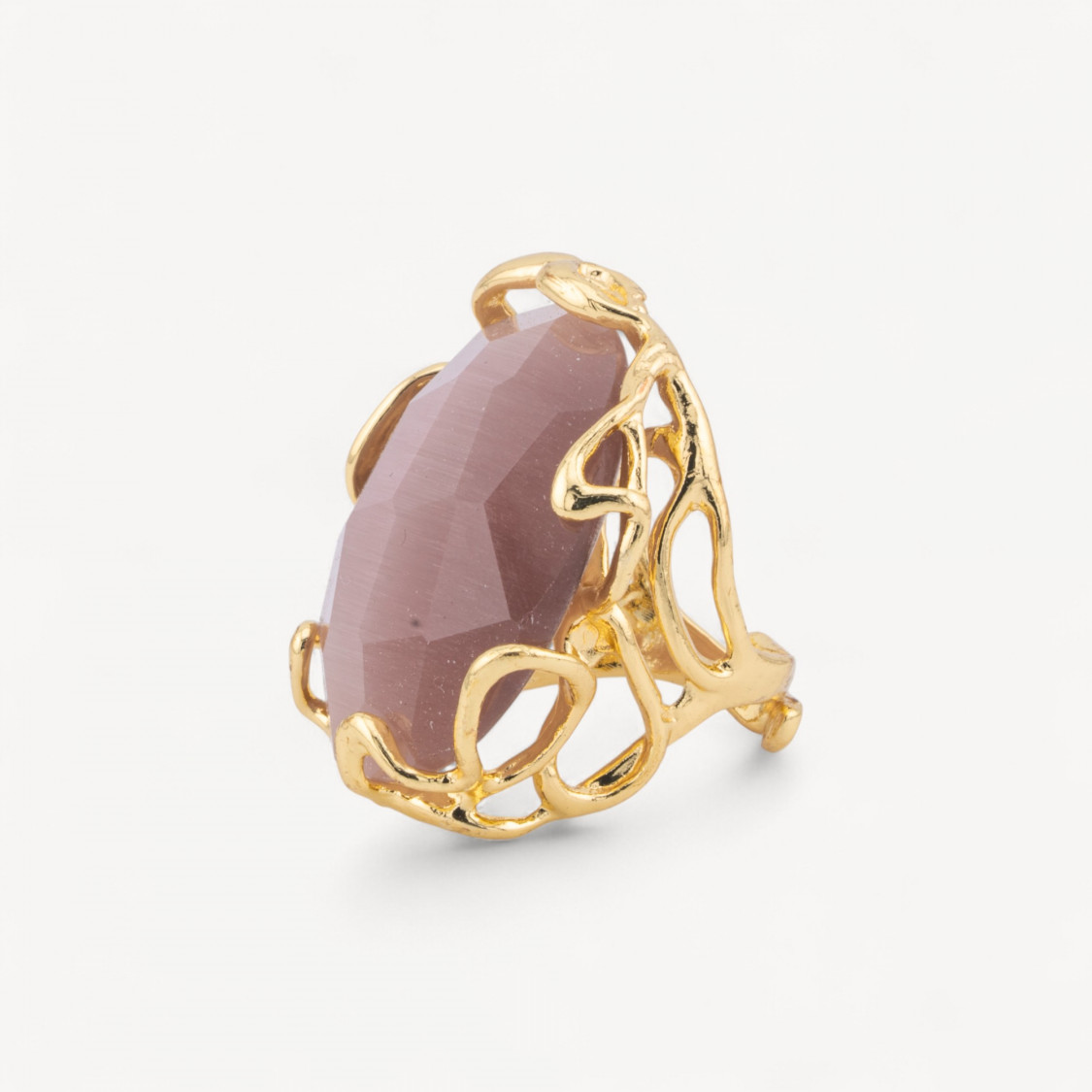 Anello Regolabile in Bronzo Dorato Collezione AURORA-1 con Occhio Di Gatto Cipria | Gioiello Artigianale Donna 28x32mm-ANELLI BIJOUX DONNA AURORA BEST SELLER | Worldofjewel.com