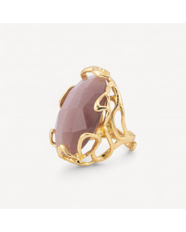 Anello Regolabile in Bronzo Dorato Collezione AURORA-1 con Occhio Di Gatto Cipria | Gioiello Artigianale Donna 28x32mm-ANELLI BIJOUX DONNA AURORA BEST SELLER | Worldofjewel.com