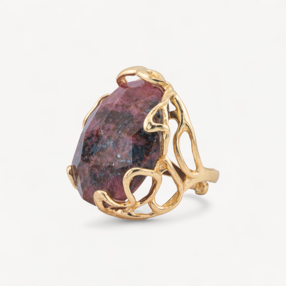 Anello Regolabile in Bronzo Dorato Collezione AURORA-1 con Pietre Dure Rodonite Grezzo | Gioiello Artigianale Donna 28x32mm-ANELLI BIJOUX DONNA AURORA BEST SELLER | Worldofjewel.com
