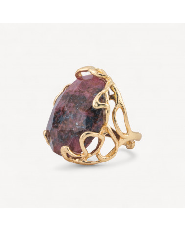 Anello Regolabile in Bronzo Dorato Collezione AURORA-1 con Pietre Dure Rodonite Grezzo | Gioiello Artigianale Donna 28x32mm-ANELLI BIJOUX DONNA AURORA BEST SELLER | Worldofjewel.com