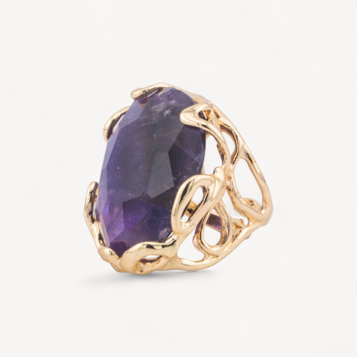 Anello Regolabile in Bronzo Dorato Collezione AURORA-1 con Pietre Dure Ametista | Gioiello Artigianale Donna 28x32mm-ANELLI BIJOUX DONNA AURORA BEST SELLER | Worldofjewel.com