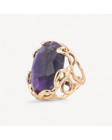Anello Regolabile in Bronzo Dorato Collezione AURORA-1 con Pietre Dure Ametista | Gioiello Artigianale Donna 28x32mm-ANELLI BIJOUX DONNA AURORA BEST SELLER | Worldofjewel.com