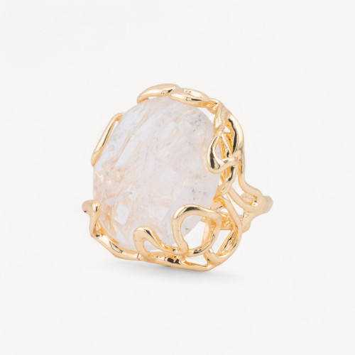 Anello Regolabile in Bronzo Dorato Collezione AURORA-1 con Pietre Dure Tondo Cristallo Di Rocca | Gioiello Artigianale Donna -ANELLI BIJOUX DONNA AURORA BEST SELLER | Worldofjewel.com