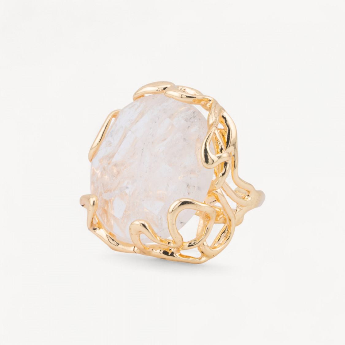 Anello Regolabile in Bronzo Dorato Collezione AURORA-1 con Pietre Dure Tondo Cristallo Di Rocca | Gioiello Artigianale Donna -ANELLI BIJOUX DONNA AURORA BEST SELLER | Worldofjewel.com