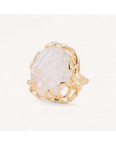 Anello Regolabile in Bronzo Dorato Collezione AURORA-1 con Pietre Dure Tondo Cristallo Di Rocca | Gioiello Artigianale Donna -ANELLI BIJOUX DONNA AURORA BEST SELLER | Worldofjewel.com