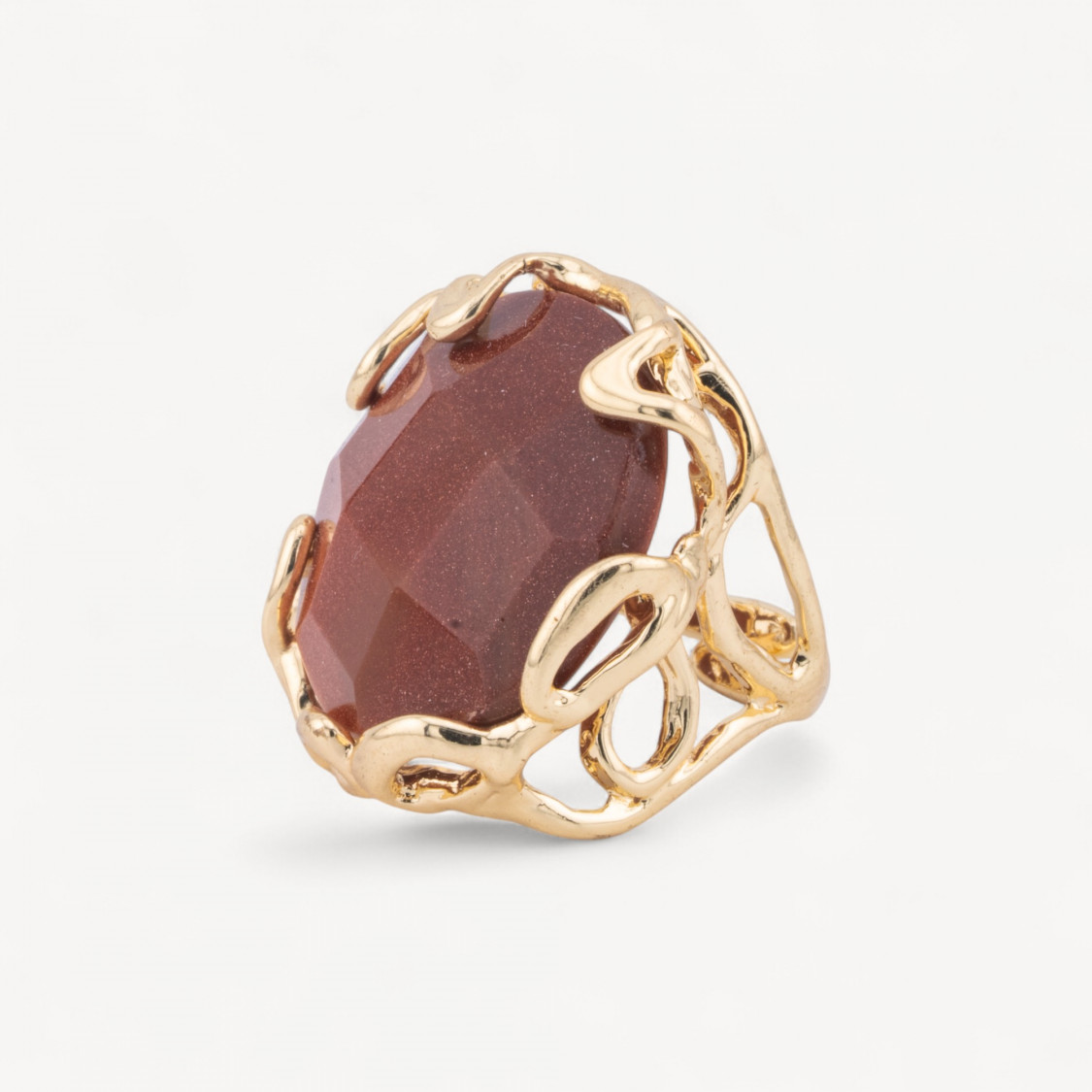 Anello Regolabile in Bronzo Dorato Collezione AURORA-1 con Pietre Dure Tondo Pietra Del Sole Synt | Gioiello Artigianale Donn-ANELLI BIJOUX DONNA AURORA BEST SELLER | Worldofjewel.com