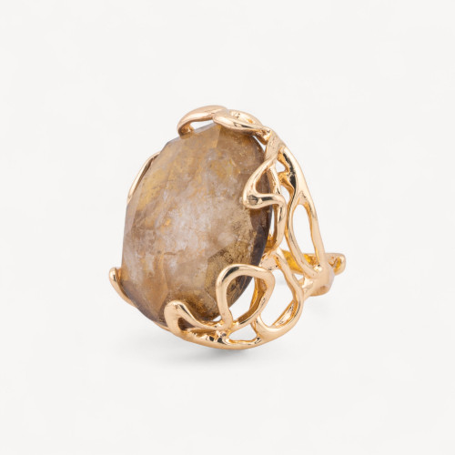 Anello Regolabile in Bronzo Dorato Collezione AURORA-1 con Pietre Dure Cristallo Di Rocca Marrone | Gioiello Artigianale Donn-ANELLI BIJOUX DONNA AURORA BEST SELLER | Worldofjewel.com
