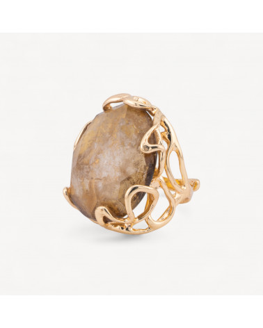 Anello Regolabile in Bronzo Dorato Collezione AURORA-1 con Pietre Dure Cristallo Di Rocca Marrone | Gioiello Artigianale Donn-ANELLI BIJOUX DONNA AURORA BEST SELLER | Worldofjewel.com