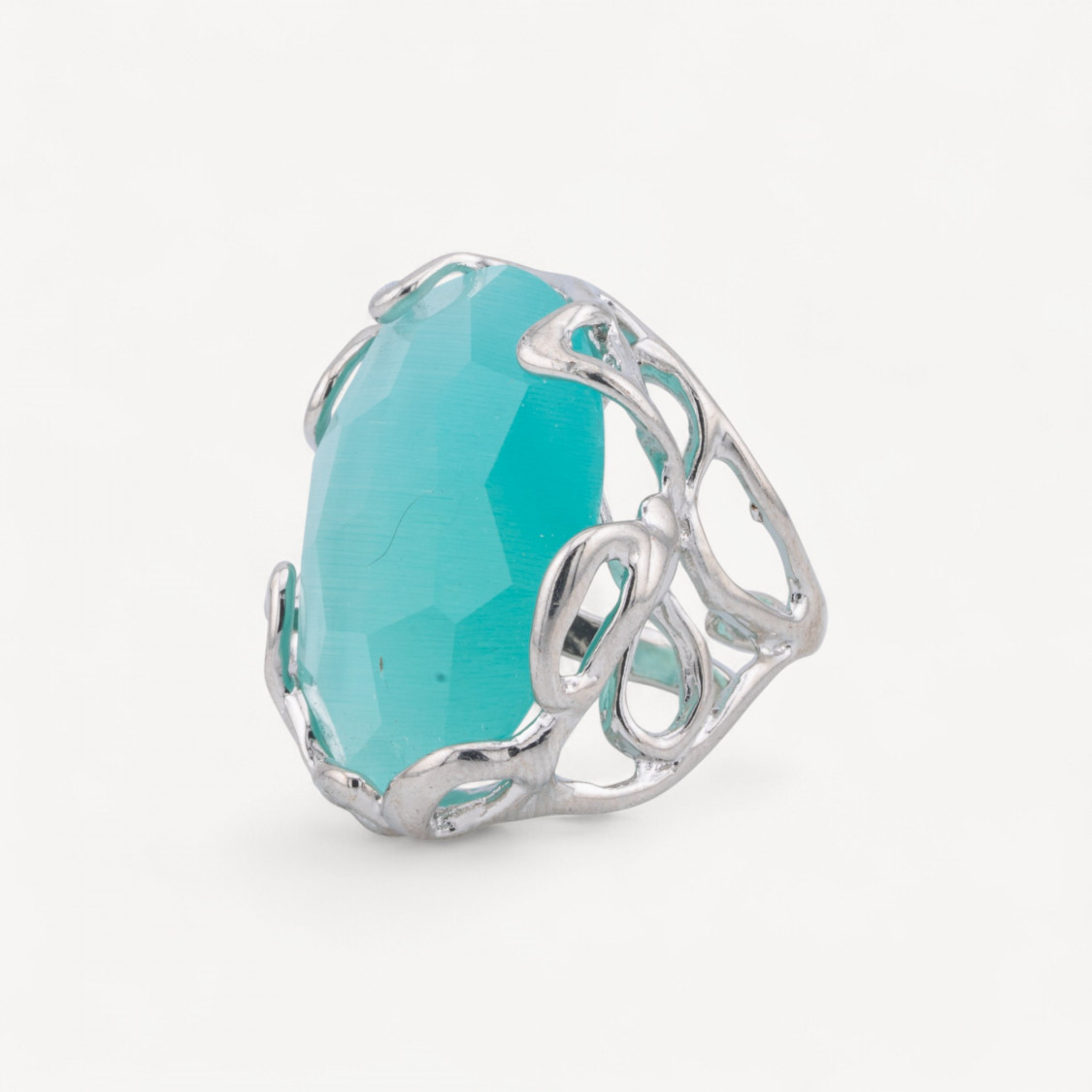 Anello Regolabile in Bronzo Rodiato Collezione AURORA-1 con Occhio Di Gatto Acqua | Gioiello Artigianale Donna 28x32mm-ANELLI BIJOUX DONNA AURORA BEST SELLER | Worldofjewel.com