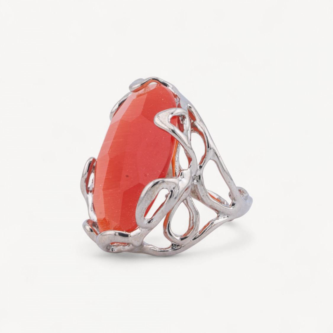 Anello Regolabile in Bronzo Rodiato Collezione AURORA-1 con Occhio Di Gatto Arancio | Gioiello Artigianale Donna 28x32mm-ANELLI BIJOUX DONNA AURORA BEST SELLER | Worldofjewel.com