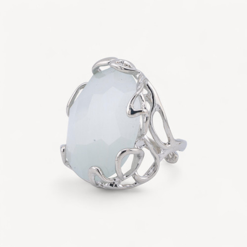Anello Regolabile in Bronzo Rodiato Collezione AURORA-1 con Occhio Di Gatto Bianco | Gioiello Artigianale Donna 28x32mm-ANELLI BIJOUX DONNA AURORA BEST SELLER | Worldofjewel.com