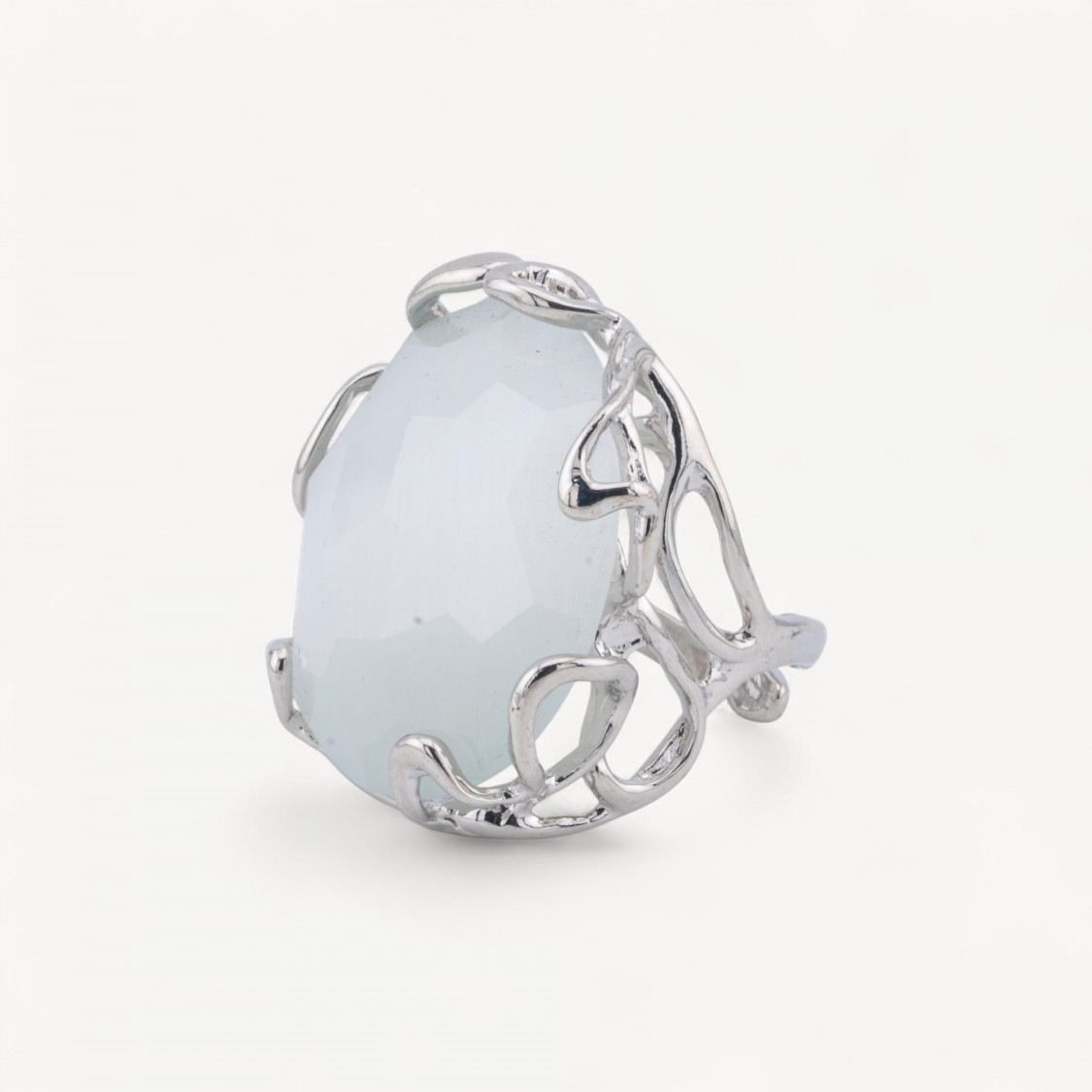 Anillo De Bronce Con Ojo De Gato Irregular 28x32mm Tamaño Ajustable Baño De Rodio Blanco-LOS ANILLOS DE JOYERÍA MÁS VENDIDOS PARA MUJER DE AURORA | Worldofjewel.com