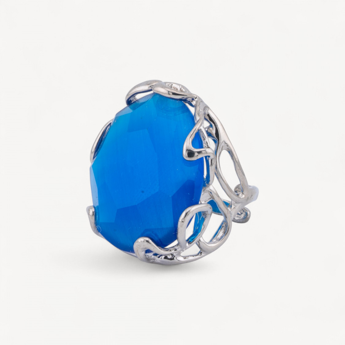 Anello Regolabile in Bronzo Rodiato Collezione AURORA-1 con Occhio Di Gatto Celeste | Gioiello Artigianale Donna 28x32mm-ANELLI BIJOUX DONNA AURORA BEST SELLER | Worldofjewel.com