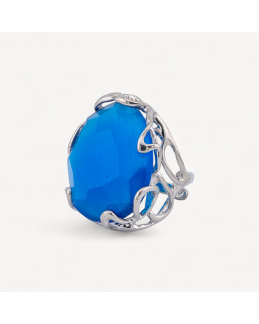 Anello Regolabile in Bronzo Rodiato Collezione AURORA-1 con Occhio Di Gatto Celeste | Gioiello Artigianale Donna 28x32mm-ANELLI BIJOUX DONNA AURORA BEST SELLER | Worldofjewel.com