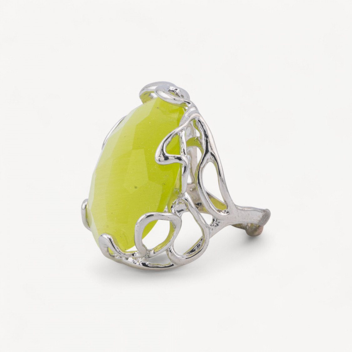 Anello Regolabile in Bronzo Rodiato Collezione AURORA-1 con Occhio Di Gatto Giallo Lime | Gioiello Artigianale Donna 28x32mm-ANELLI BIJOUX DONNA AURORA BEST SELLER | Worldofjewel.com