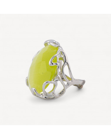 Anello Regolabile in Bronzo Rodiato Collezione AURORA-1 con Occhio Di Gatto Giallo Lime | Gioiello Artigianale Donna 28x32mm-ANELLI BIJOUX DONNA AURORA BEST SELLER | Worldofjewel.com