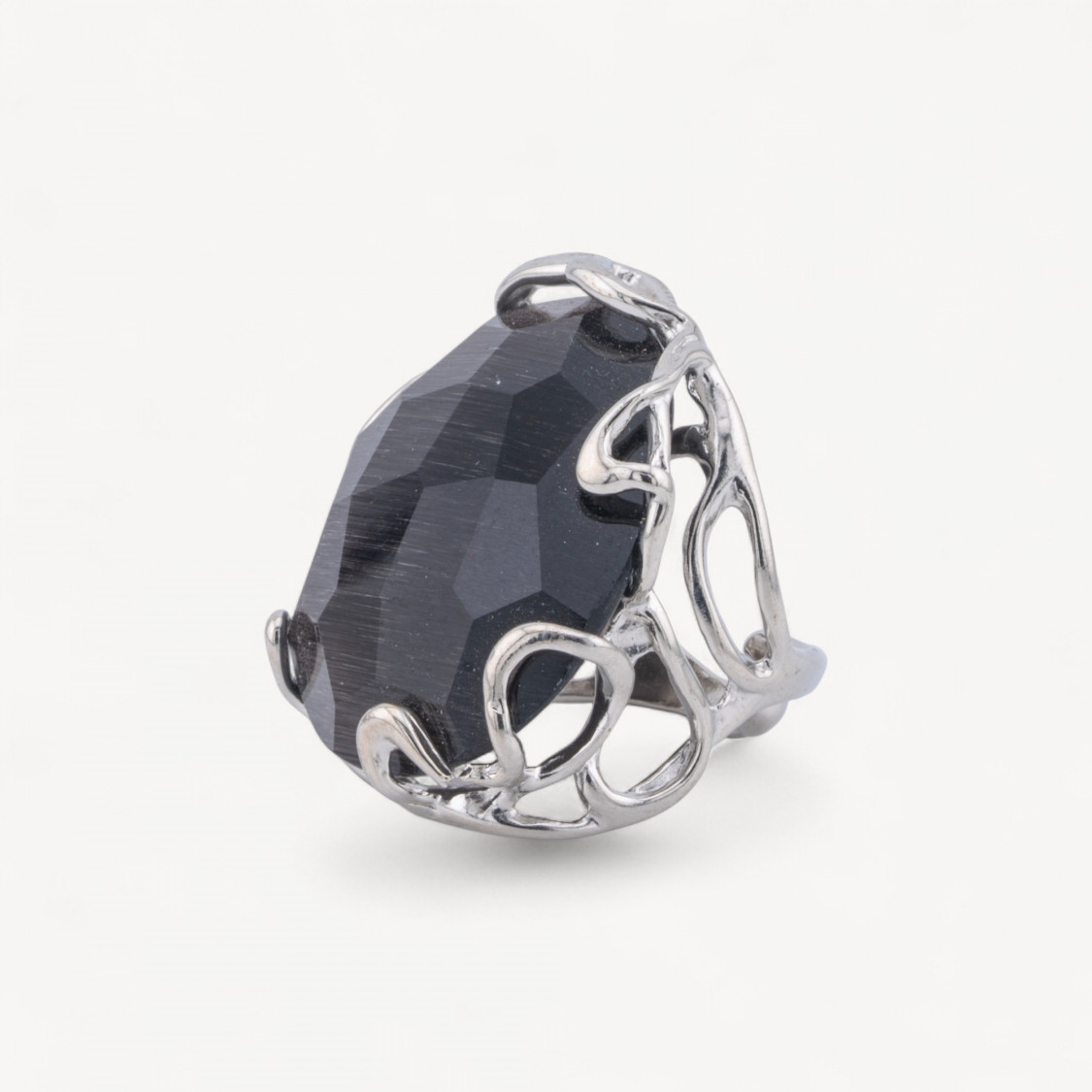 Anello Regolabile in Bronzo Rodiato Collezione AURORA-1 con Occhio Di Gatto Grigio Scuro | Gioiello Artigianale Donna 28x32mm-ANELLI BIJOUX DONNA AURORA BEST SELLER | Worldofjewel.com