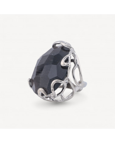 Anello Regolabile in Bronzo Rodiato Collezione AURORA-1 con Occhio Di Gatto Grigio Scuro | Gioiello Artigianale Donna 28x32mm-ANELLI BIJOUX DONNA AURORA BEST SELLER | Worldofjewel.com