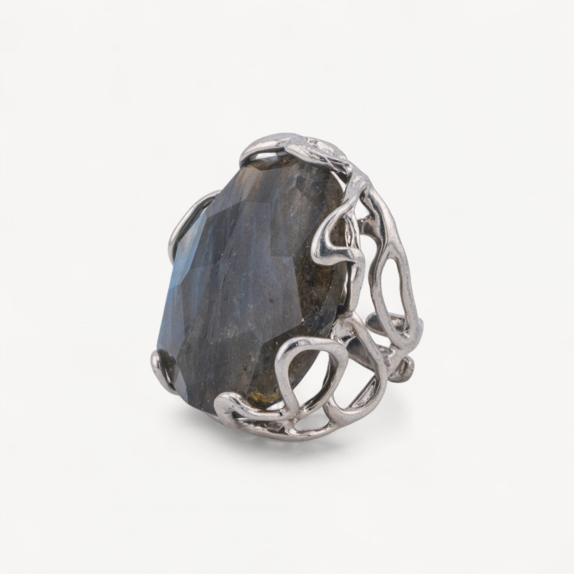 Anello Regolabile in Bronzo Rodiato Collezione AURORA-1 con Pietre Dure Labradorite | Gioiello Artigianale Donna 28x32mm-ANELLI BIJOUX DONNA AURORA BEST SELLER | Worldofjewel.com