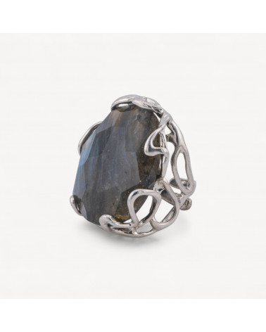 Anello Regolabile in Bronzo Rodiato Collezione AURORA-1 con Pietre Dure Labradorite | Gioiello Artigianale Donna 28x32mm-ANELLI BIJOUX DONNA AURORA BEST SELLER | Worldofjewel.com